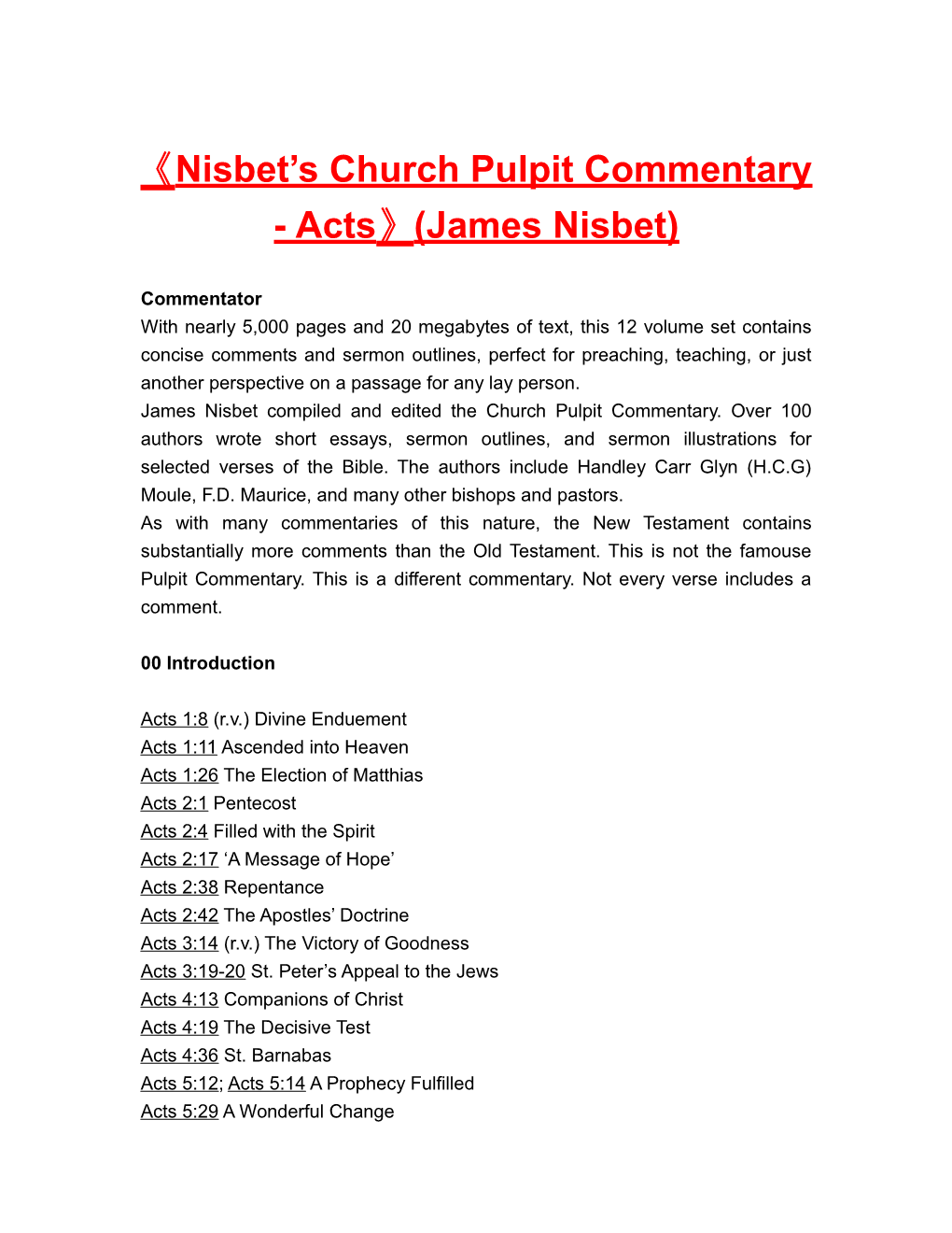 Nisbet S Churchpulpit Commentary - Acts (James Nisbet)