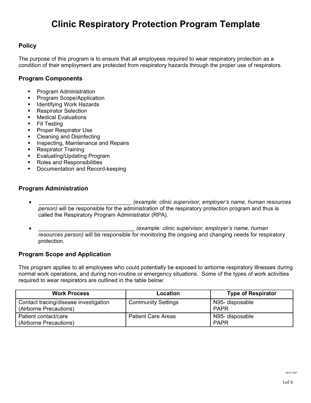 Public Health Respiratory Protection Program Template