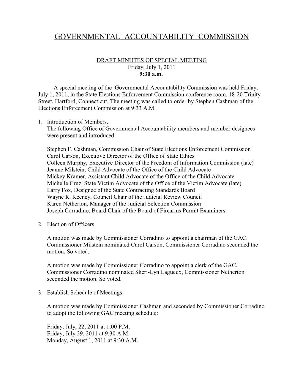 Draft Minutes of Special Meeting