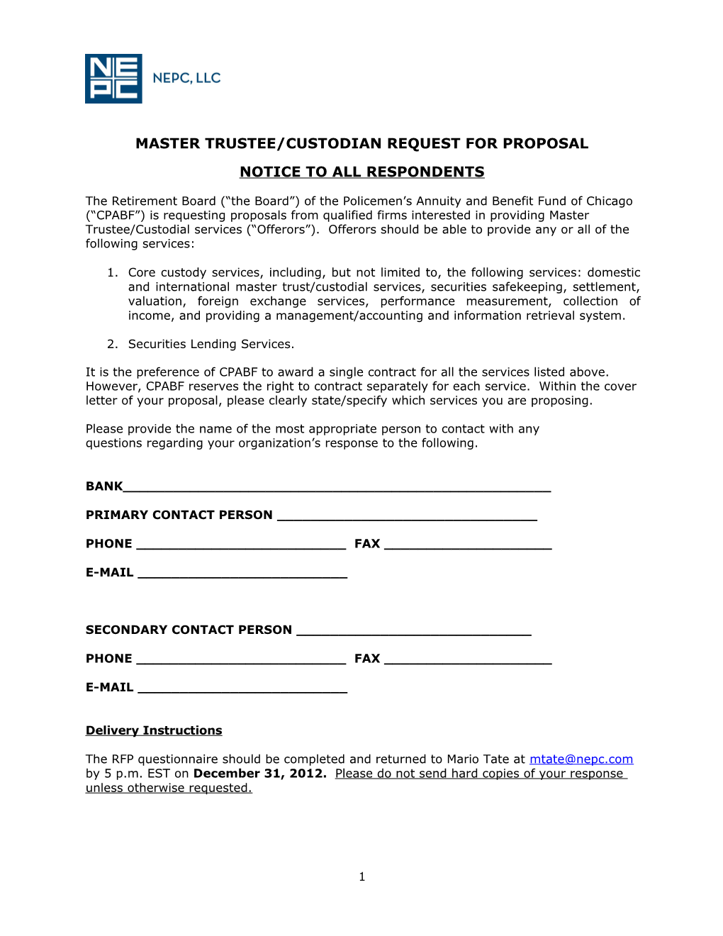 Master Trustee/Custodian Request for Proposal