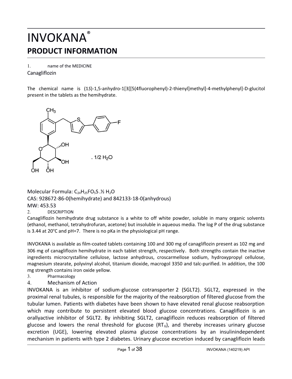 Auspar Attachment 1: Product Information for Canagliflozin (As Hemihydrate)