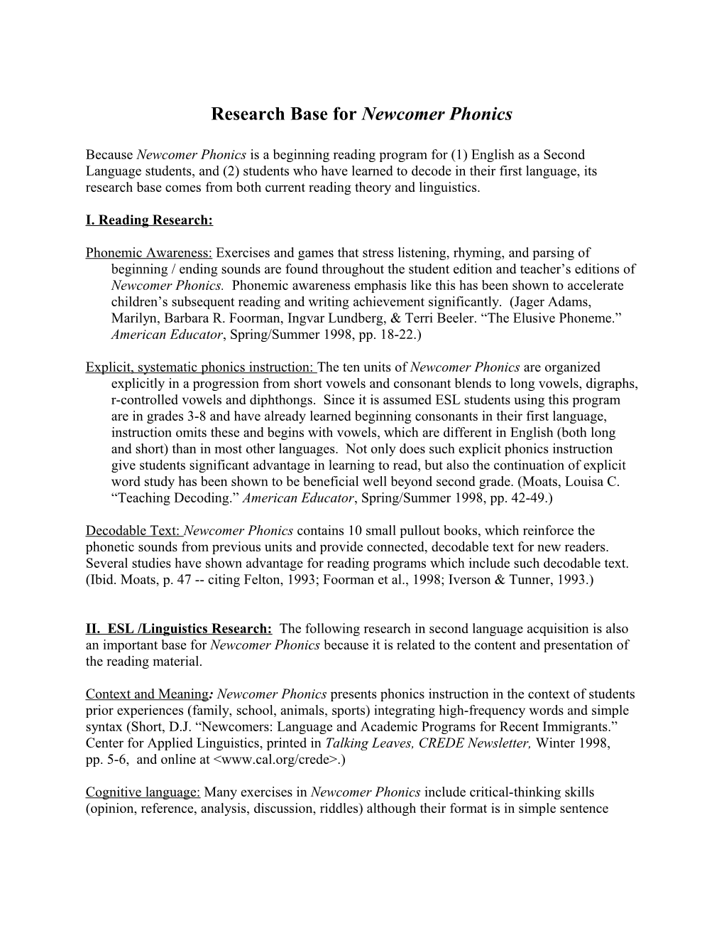 Research Base and Replicated Practices for Newcomer Phonics