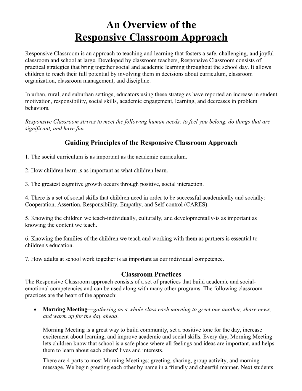 An Overview of the Responsive Classroom Approach
