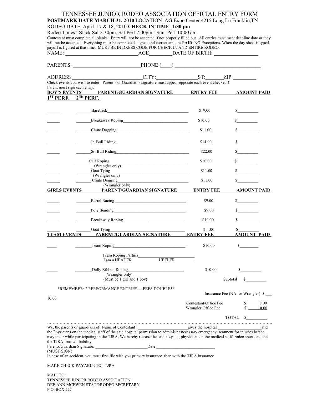 Tennessee Junior Rodeo Association Official Entry Form