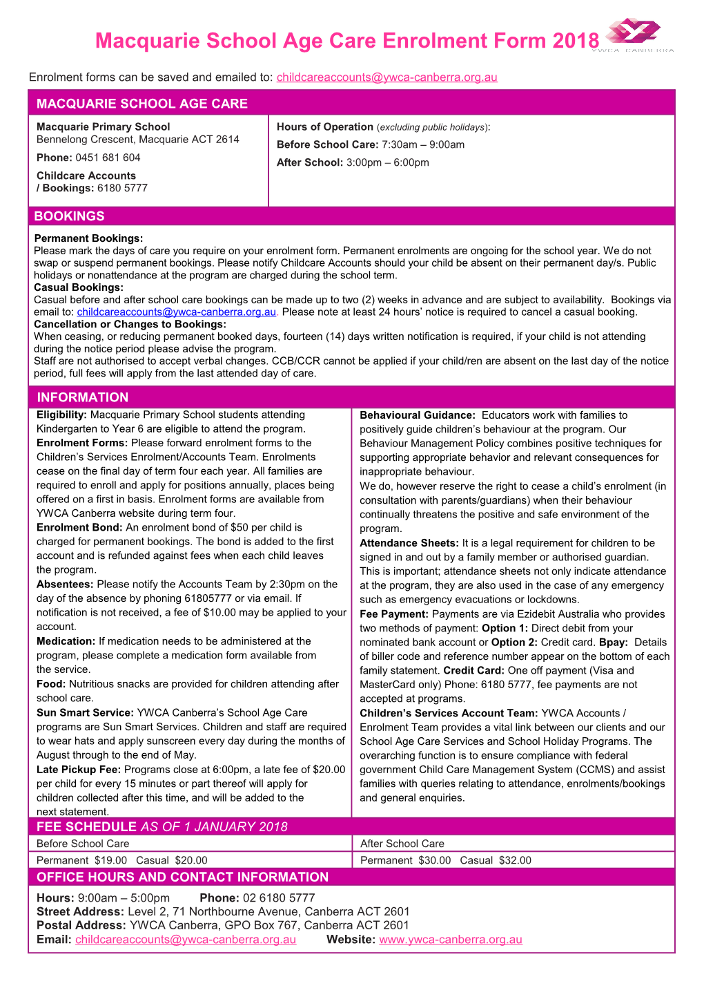 Macquarie School Age Care Enrolment Form 2018