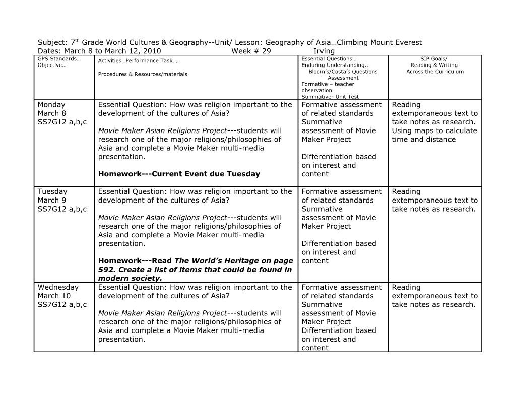 Subject: 7Th Grade World Cultures & Geography Unit/ Lesson: Geography of Asia Climbing