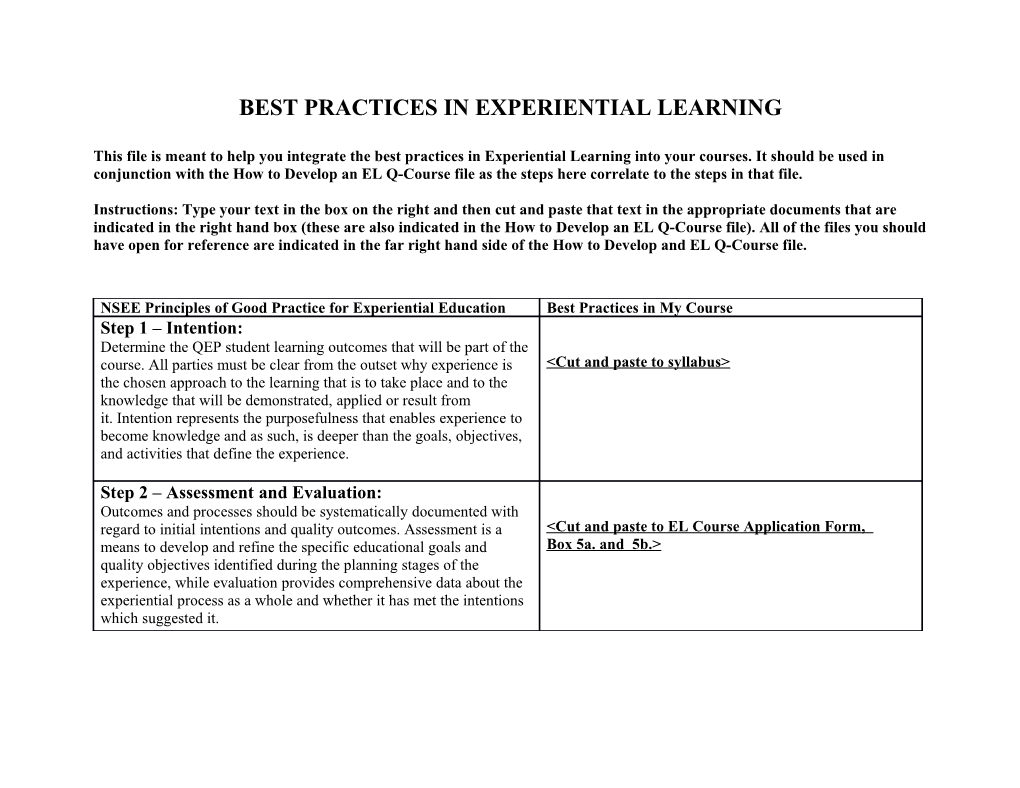 Best Practices in Experiential Learning