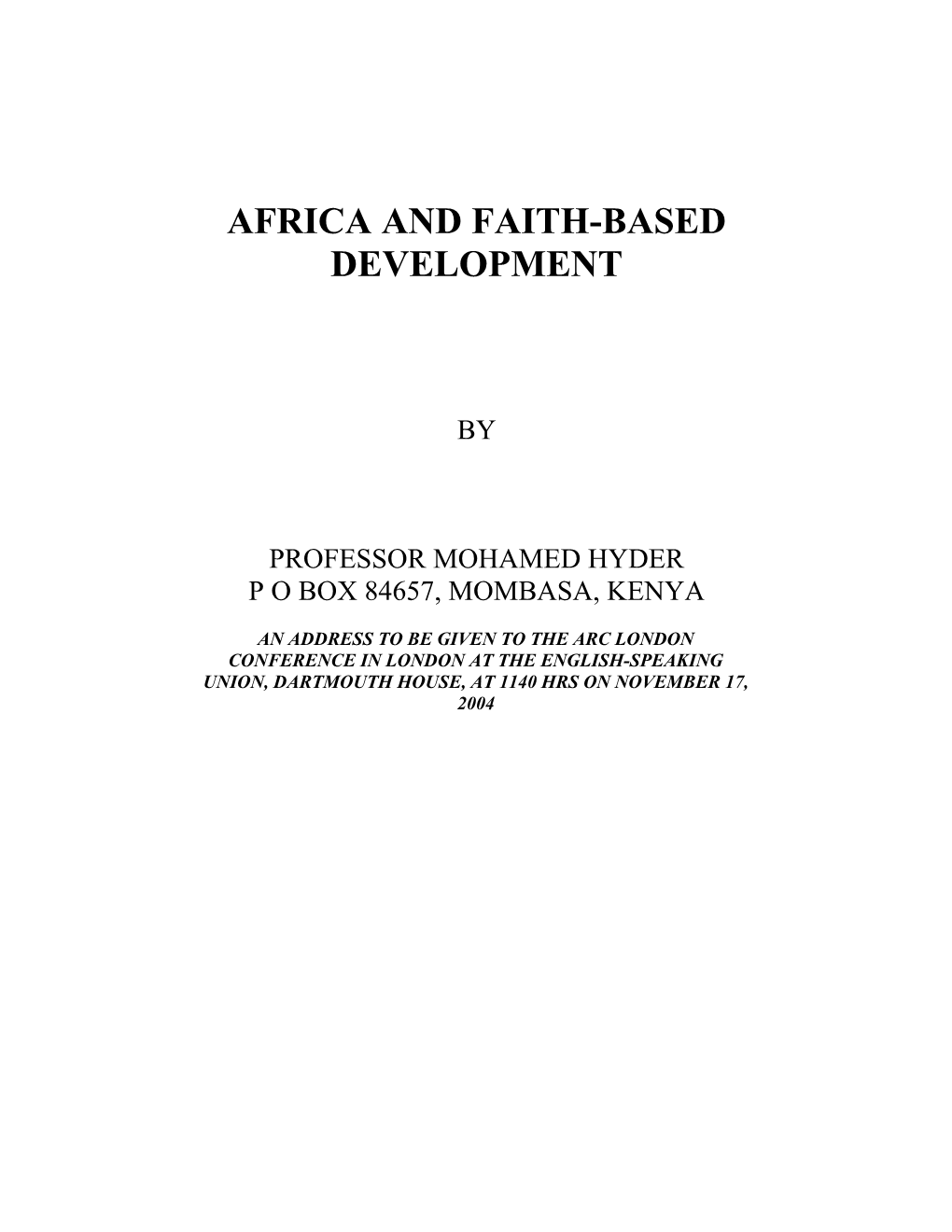 Africa and Faith-Based Development