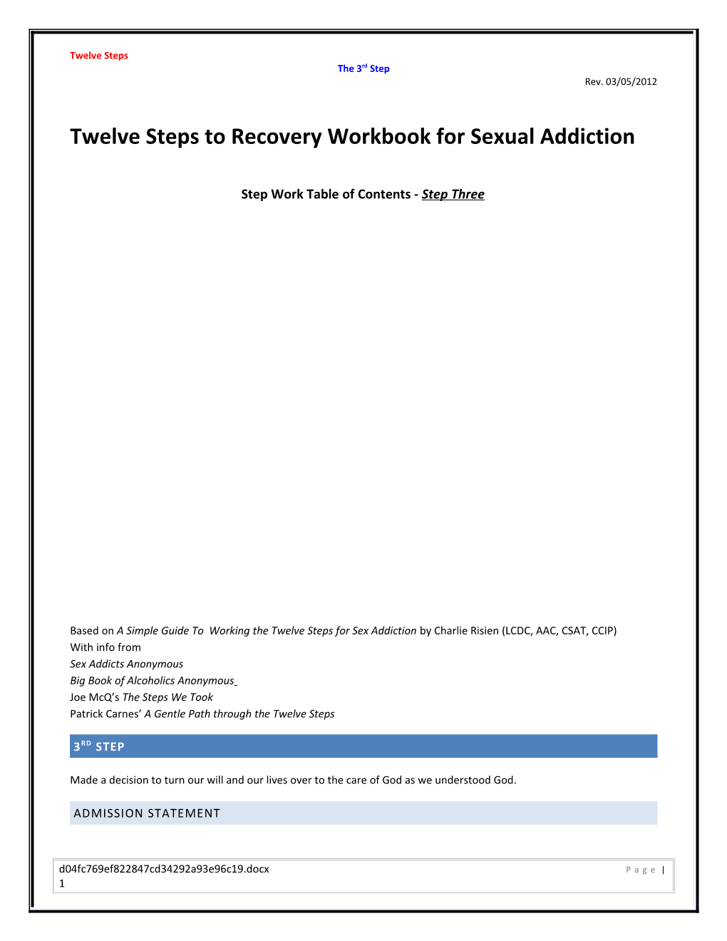 Twelve Steps to Recovery Workbook for Sexual Addiction