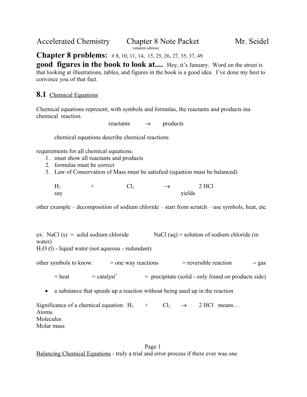 Accelerated Chemistrychapter 8 Note Packetmr. Seidel