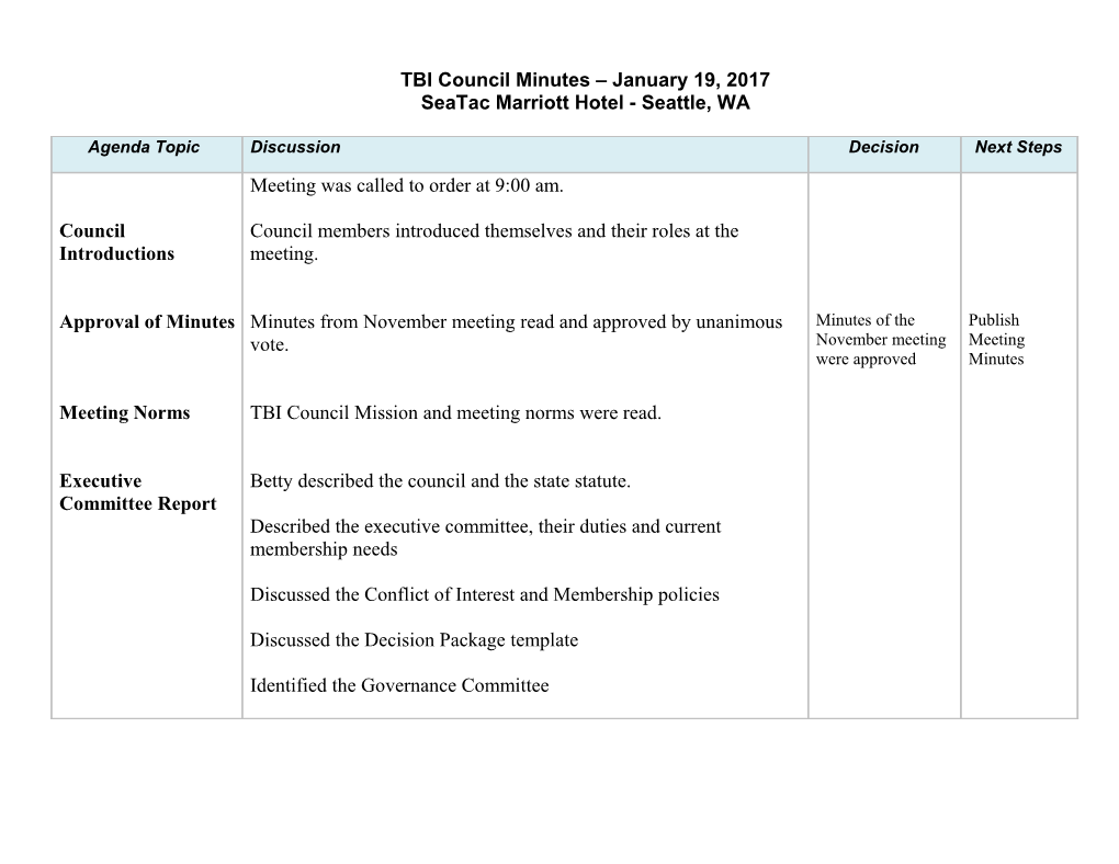 TBI Council Minutes January 19, 2017