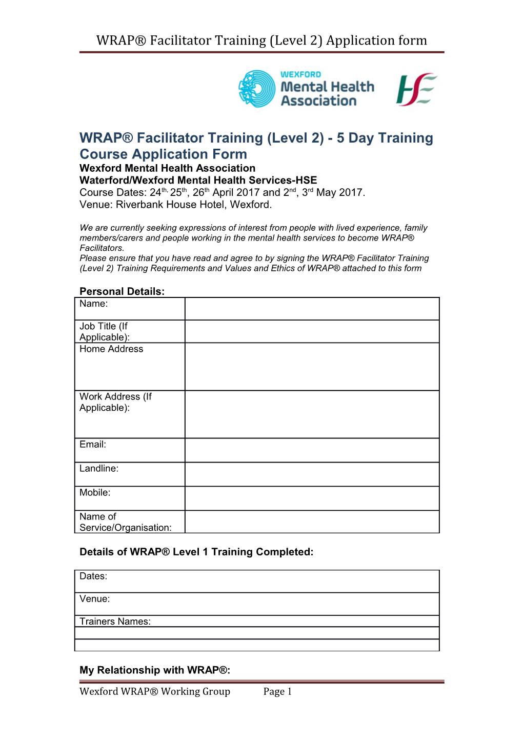 WRAP Facilitator Training (Level 2) Application Form