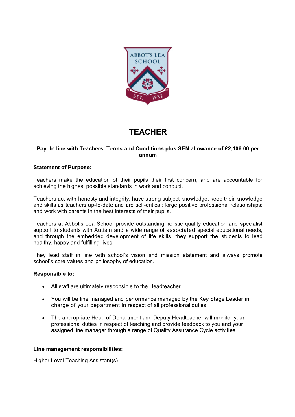 Pay: in Line with Teachers Terms and Conditions Plus SEN Allowance of 2,106.00 Per Annum