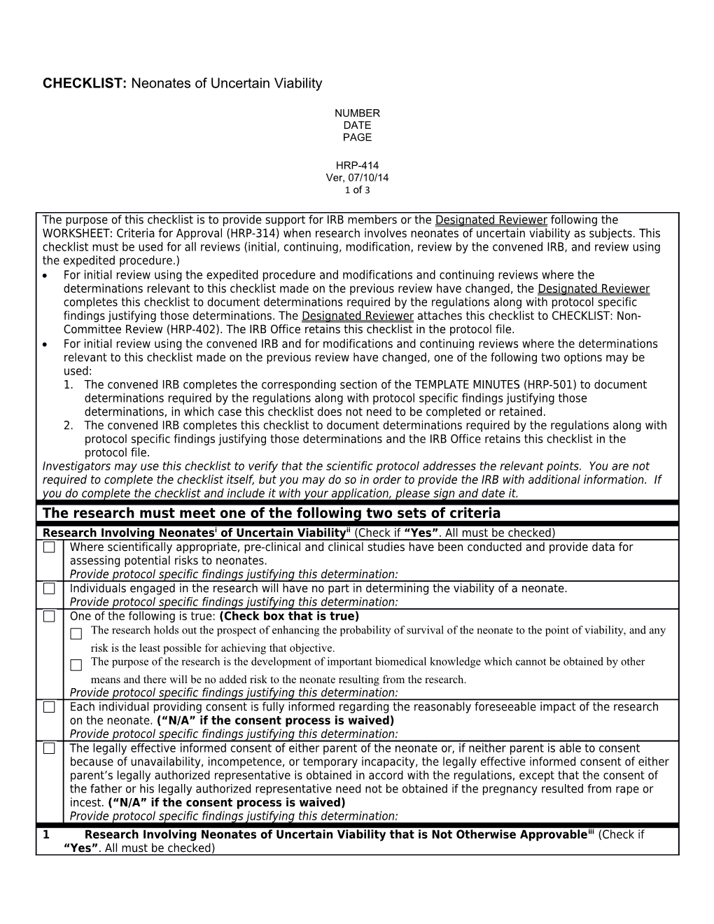 CHECKLIST: Neonates of Uncertain Viability