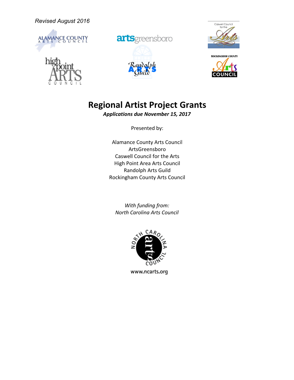 Regional Artist Project Grants Application Packet (Rev. 8/2016)