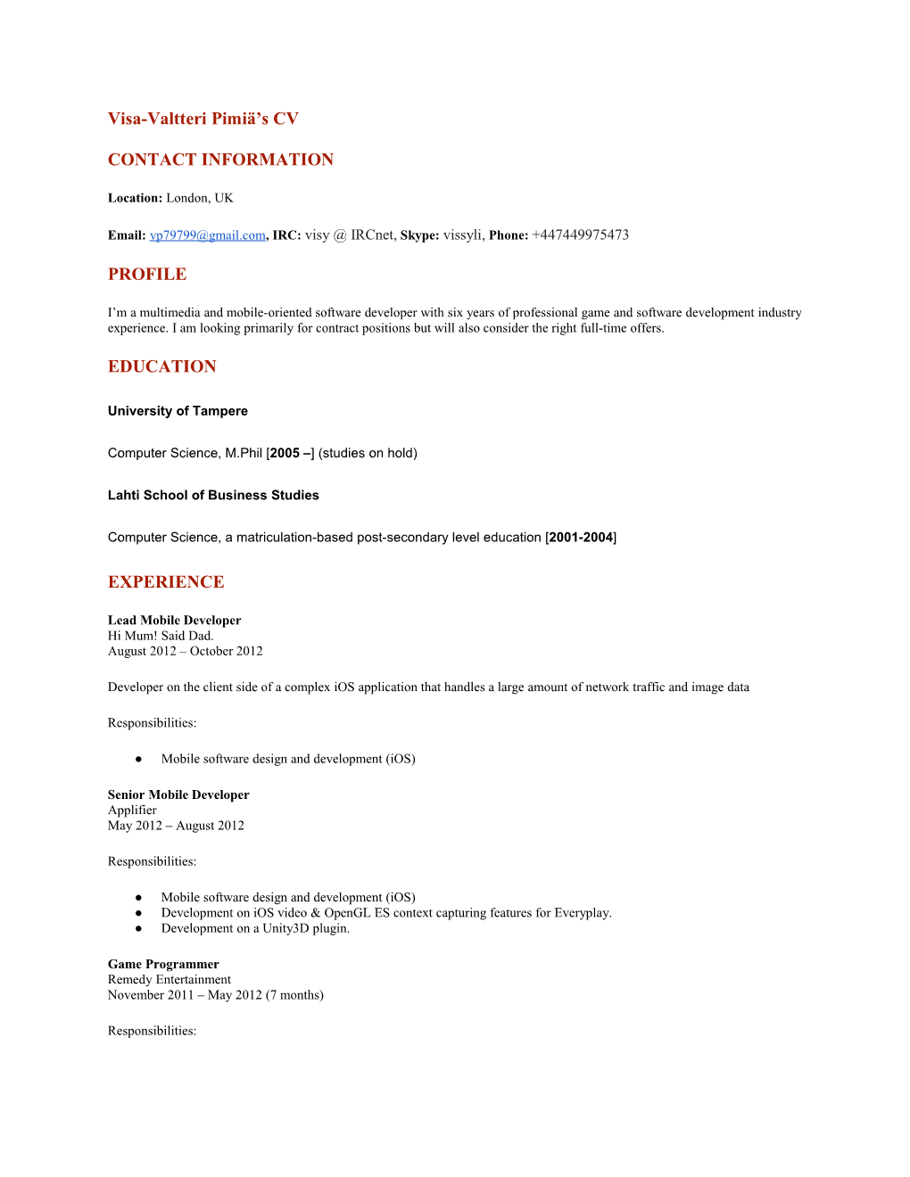 One-Page CV