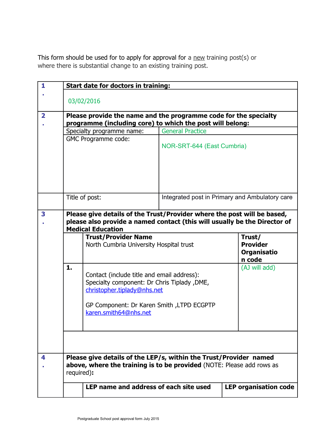 Postgraduate School Post Approval Form July 2015