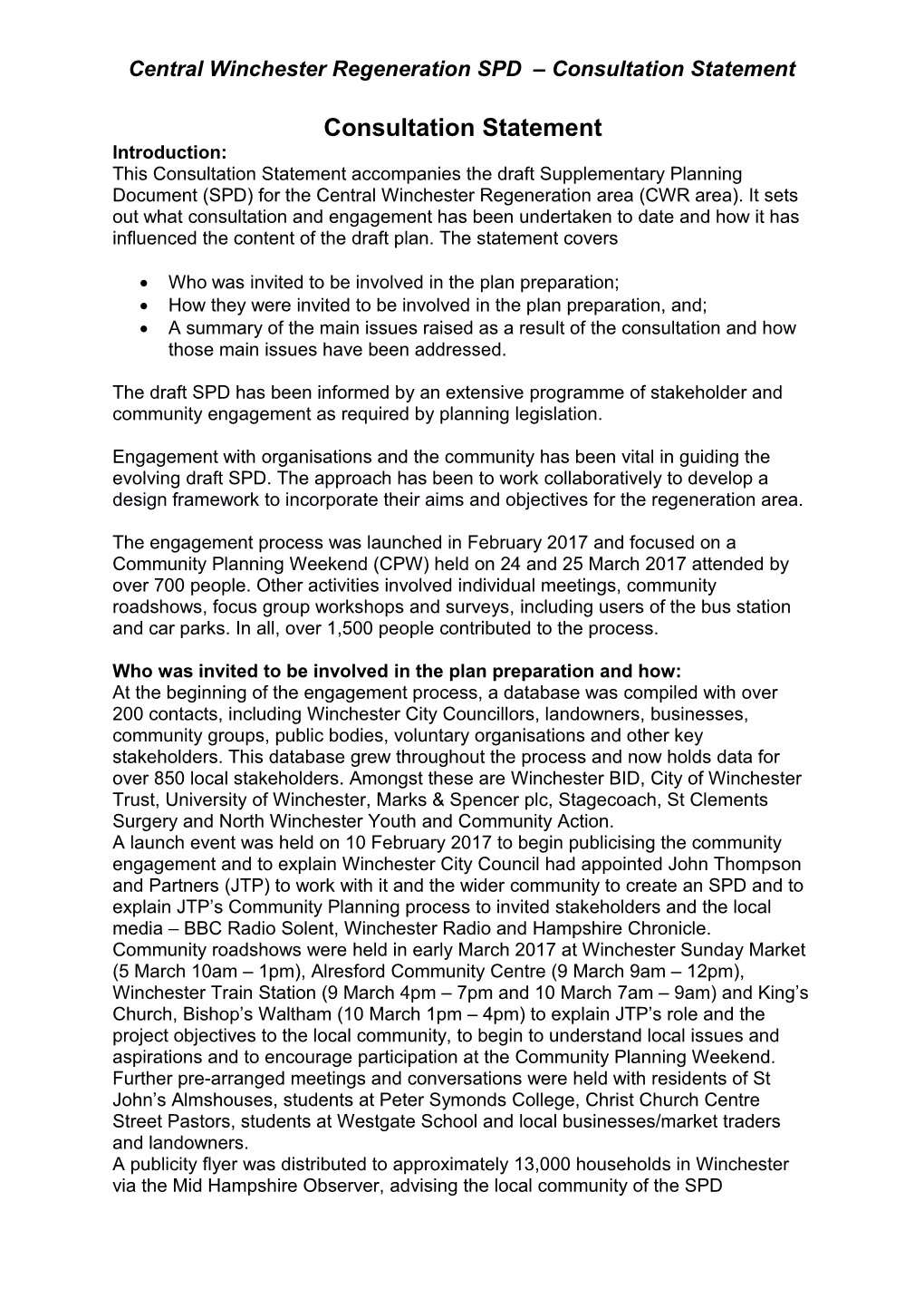 Central Winchester Regeneration SPD Consultation Statement