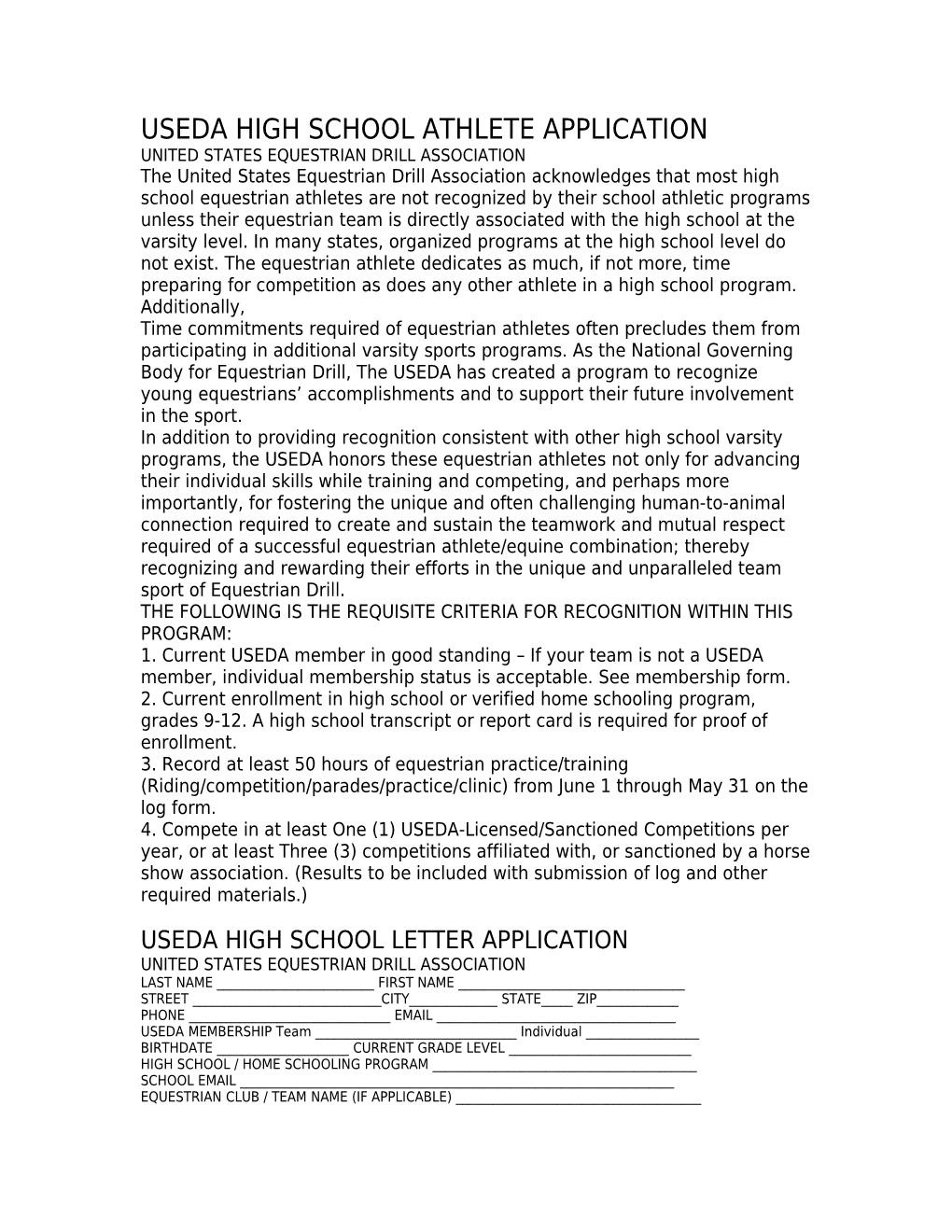 Useda High School Athlete Application