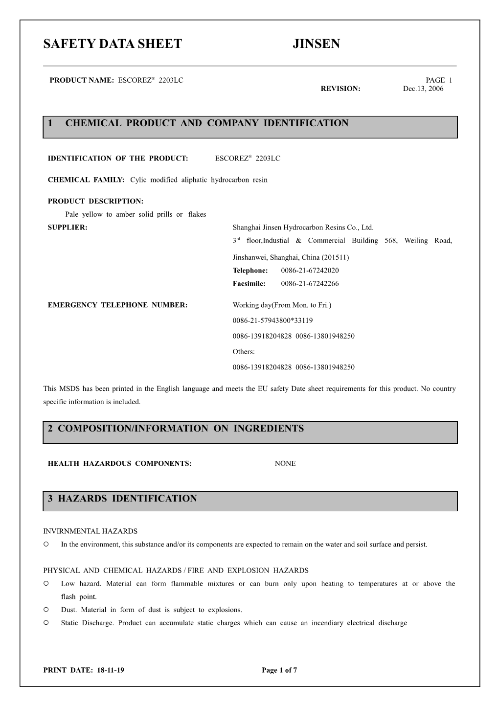 Safety Data Sheet Jinsen