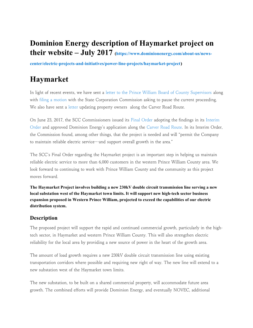 Dominion Energy Description of Haymarket Project on Their Website July 2017 (