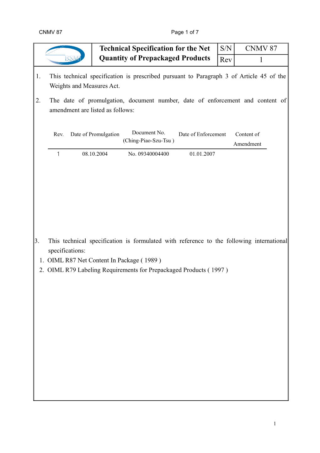Technical Specification for the Net Quantity of Prepackaged Products