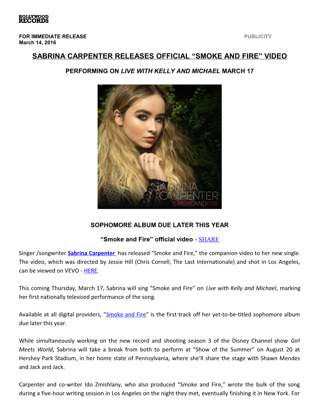 Sabrina Carpenter Releasesofficial Smoke and Fire Video