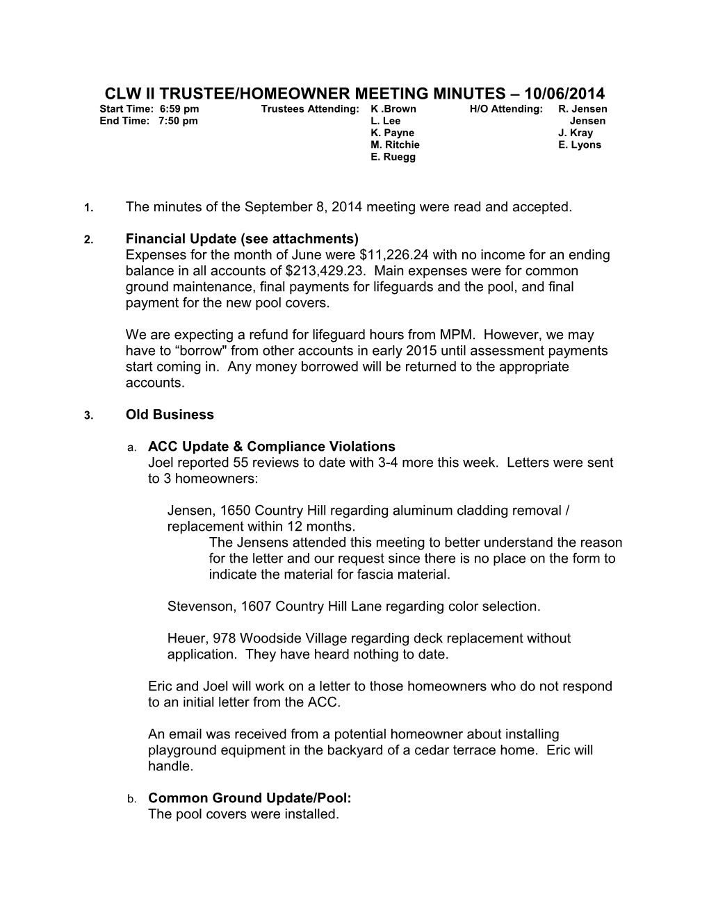 Clw Ii Trustee/Homeowner Meeting Minutes 10/06/2014