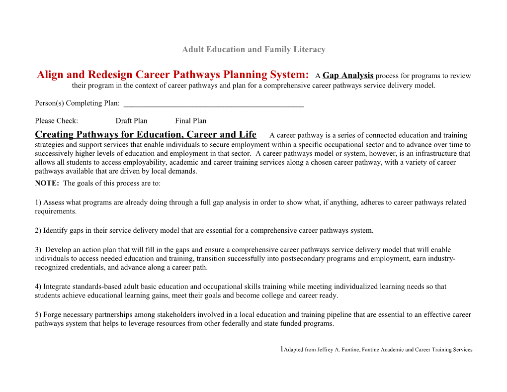 Adult Education Career Pathways Plan Complying with LD 1780