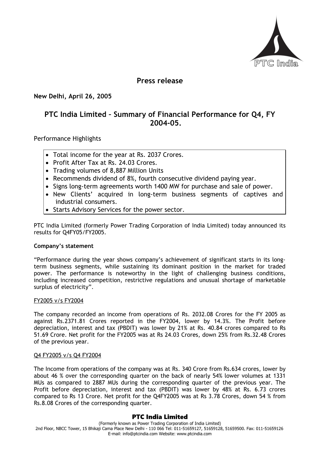 PTC India Limited Summary of Financial Performance for Q4, FY 2004-05