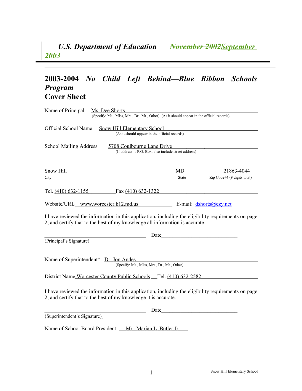 Snow Hill Elementary School 2004 No Child Left Behind-Blue Ribbon School Application (Msword)