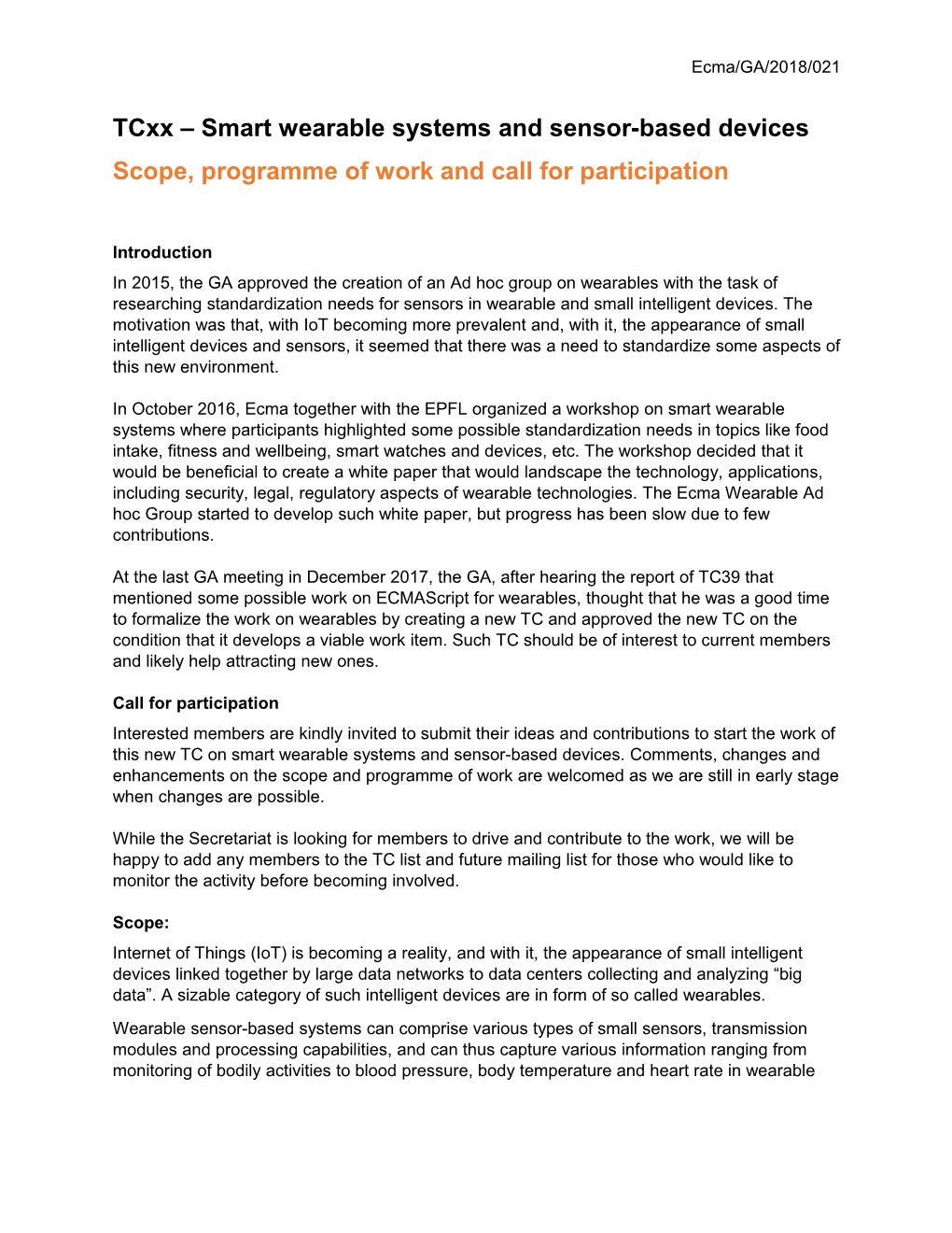 Scope, Programme of Work and Call for Participation for New TC on Smart Wearable Systems