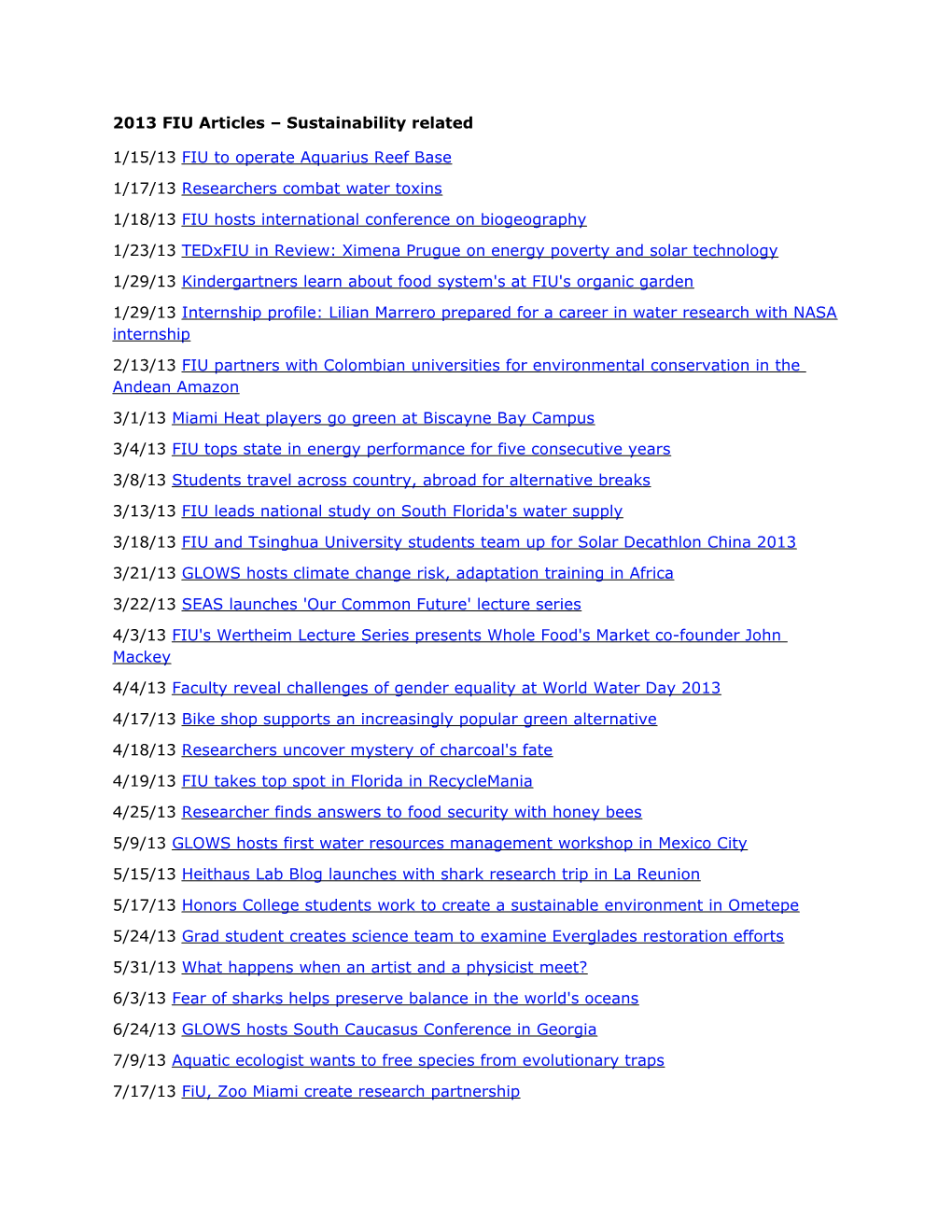 2013 FIU Articles Sustainability Related