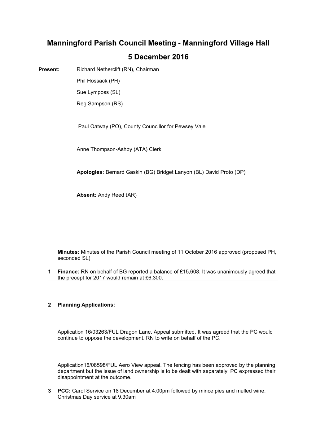 Manningford Parish Council Meeting - Manningford Village Hall