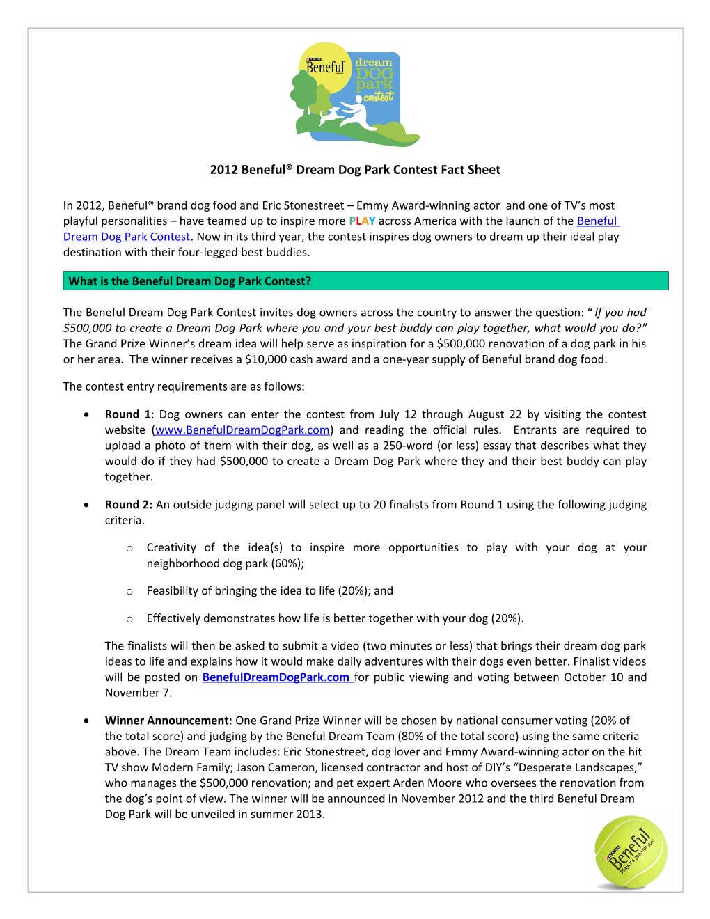 2012 Beneful Dream Dog Park Contest Fact Sheet