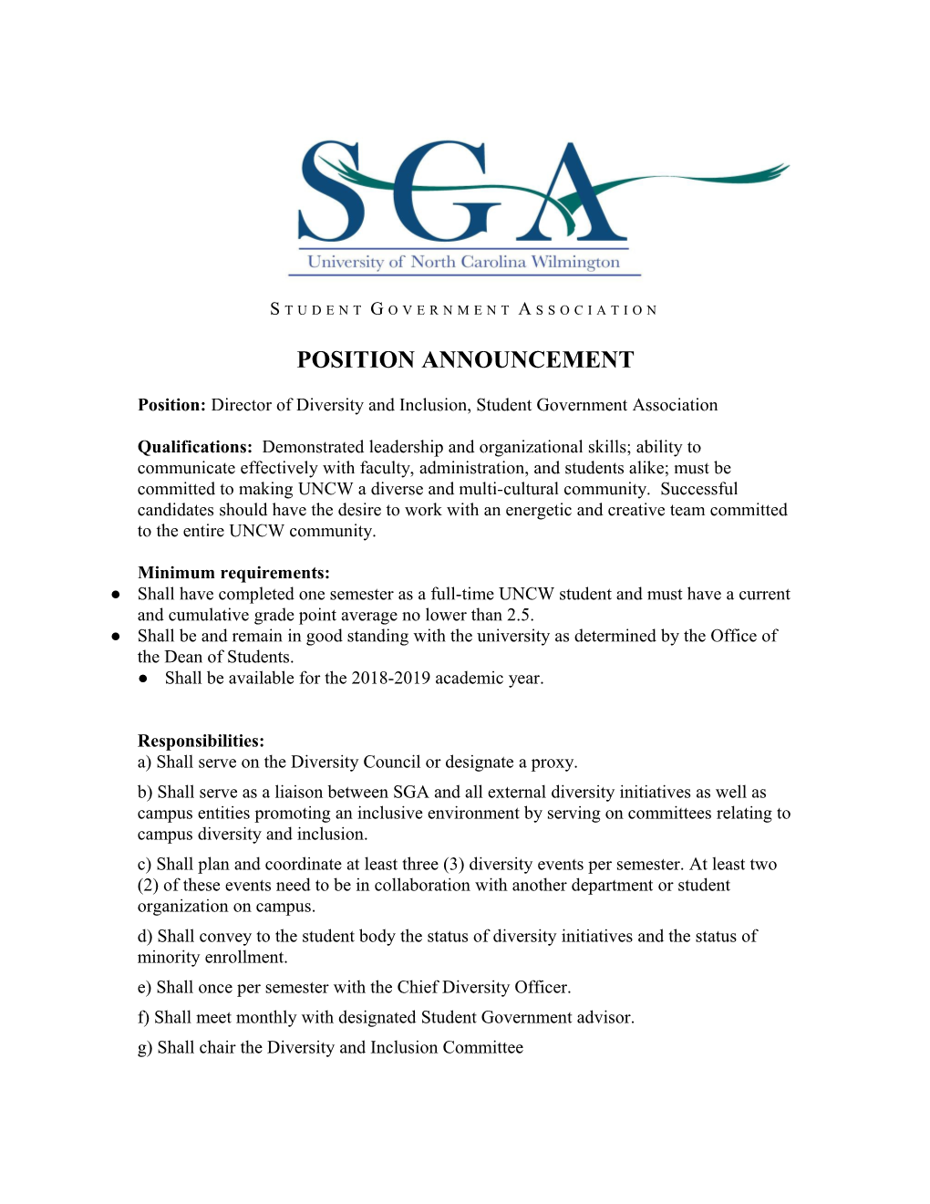 Position: Director of Diversity and Inclusion, Student Government Association