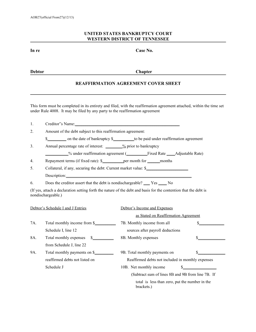 AOB27 Reaffirmation Agreement Cover Sheet