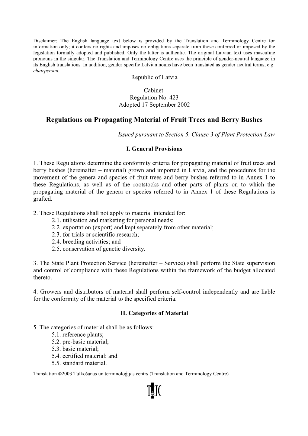 Regulations on Propagating Material of Fruit Trees and Berry Bushes