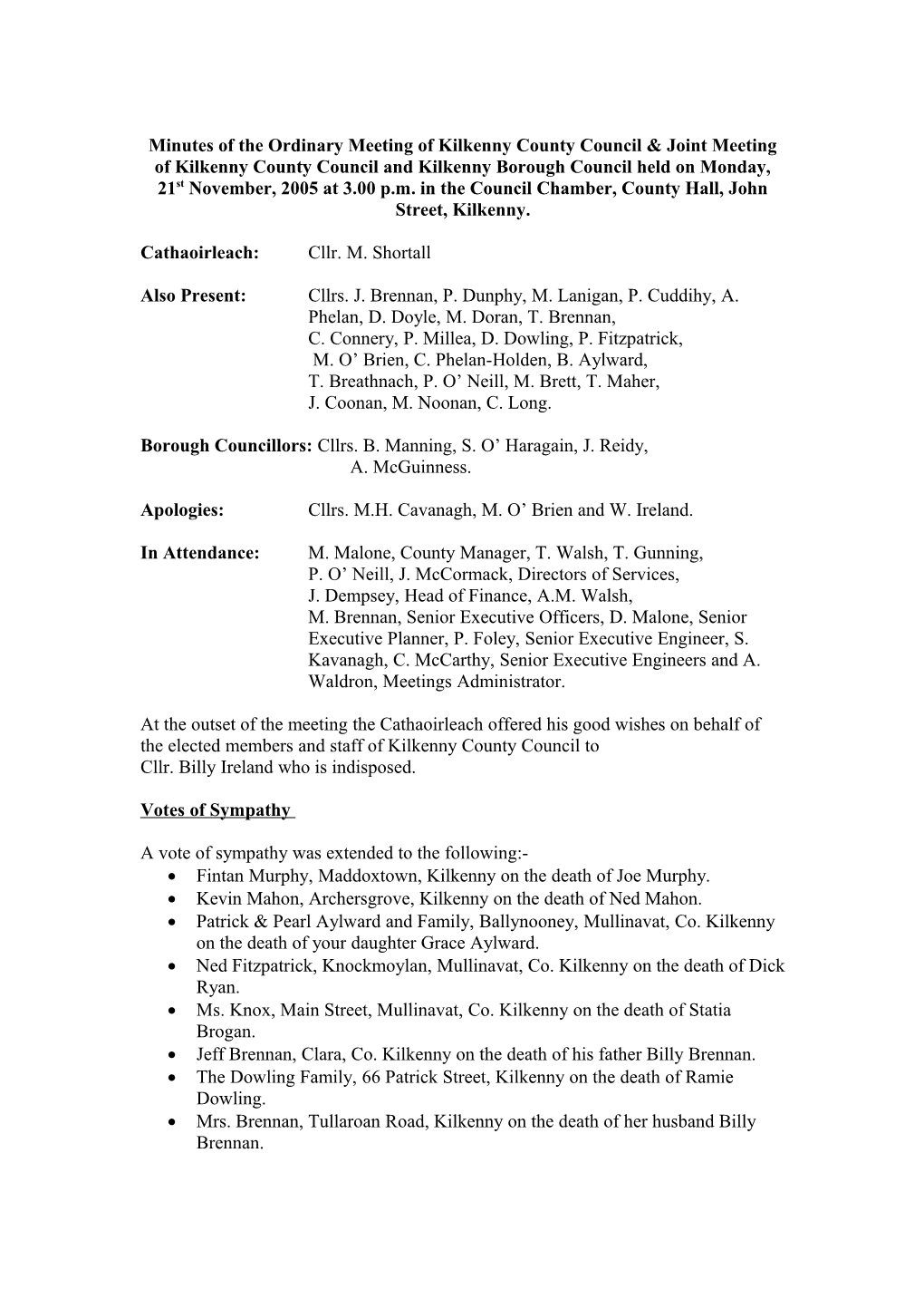 Minutes of the Ordinary Meeting of Kilkenny County Council Joint Meeting of Kilkenny County