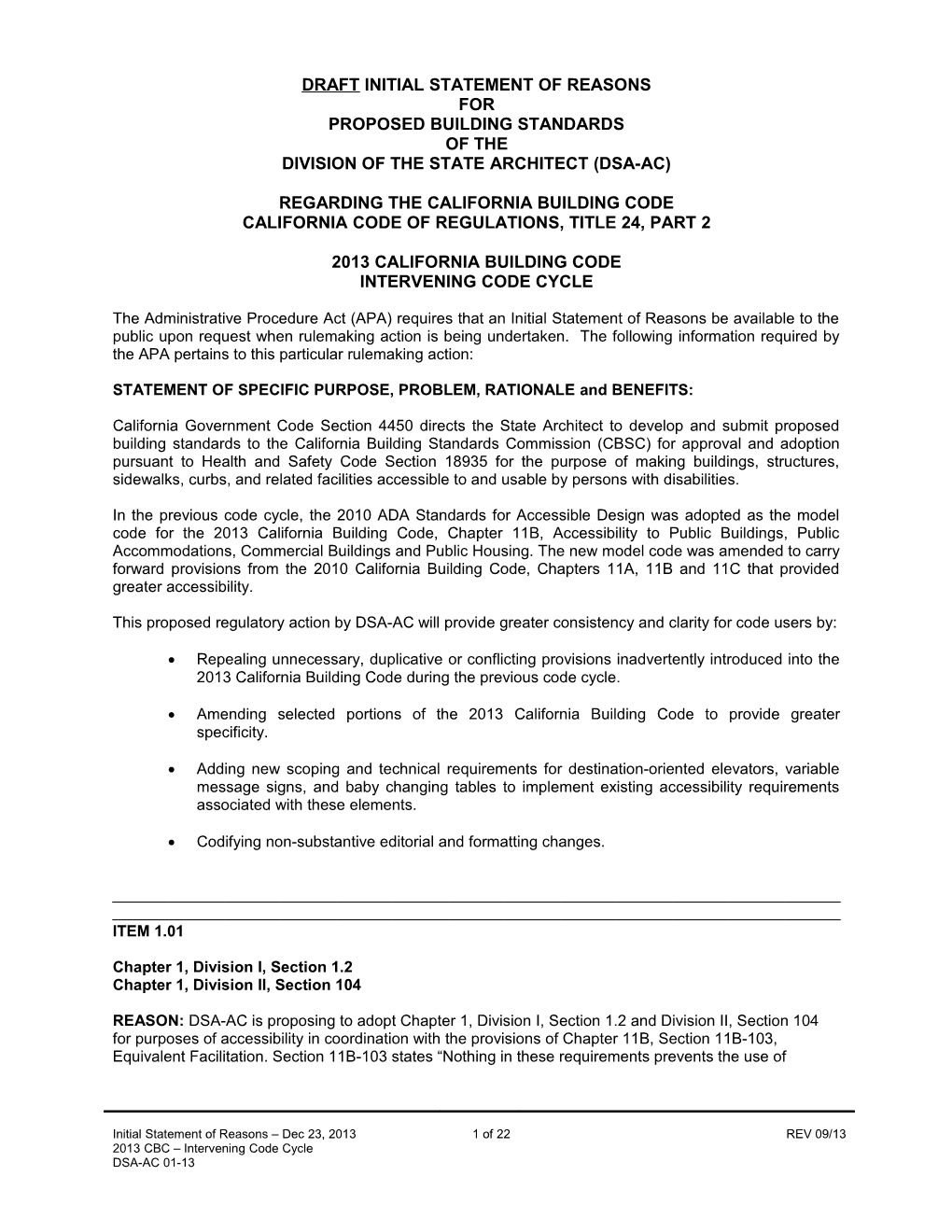 DRAFT Initial Statement of Reasons for Proposed Building Standards of the Division of The