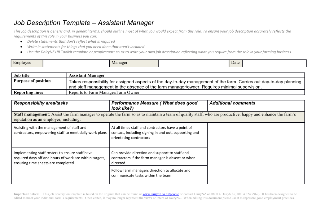 Job Description Template Assistant Manager