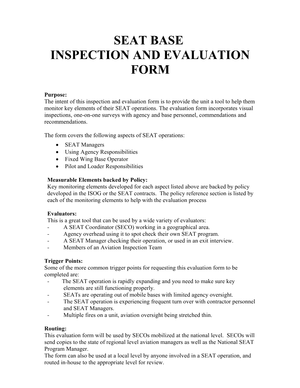 SEAT Base Inspection and Evaluation Form