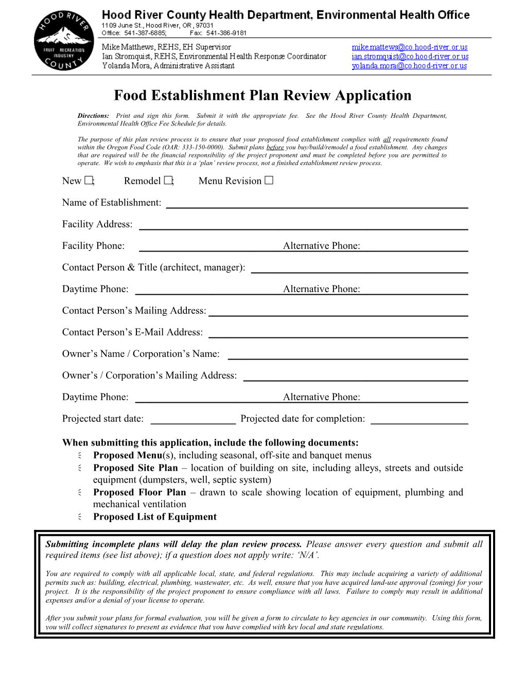 Food Establishment Plan Review Application