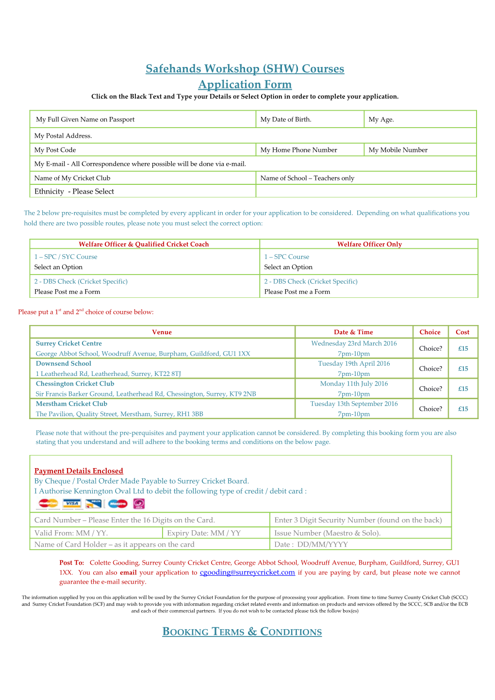 Safehands Workshop (SHW) Courses