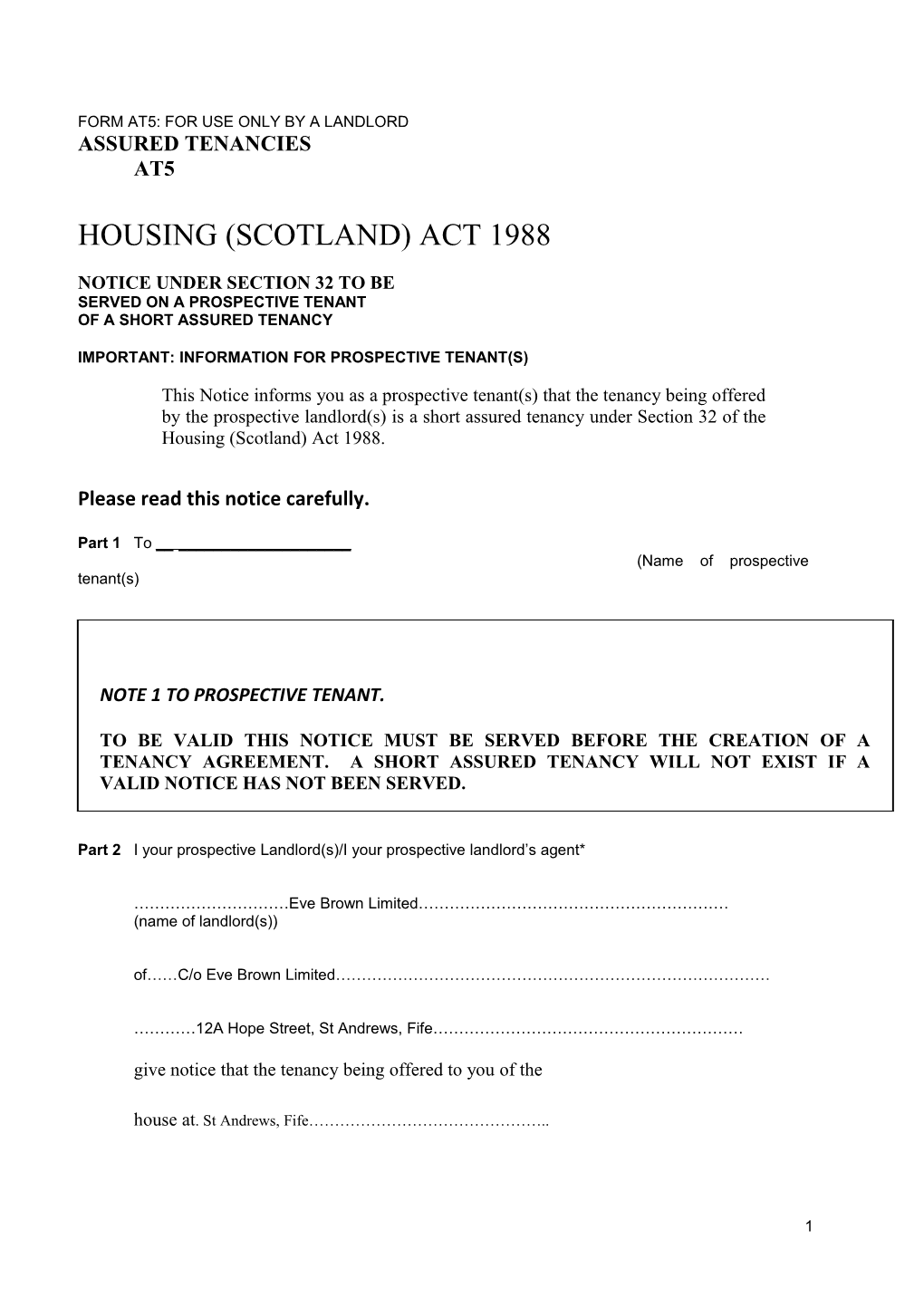 Form AT5: for USE ONLY by a LANDLORD