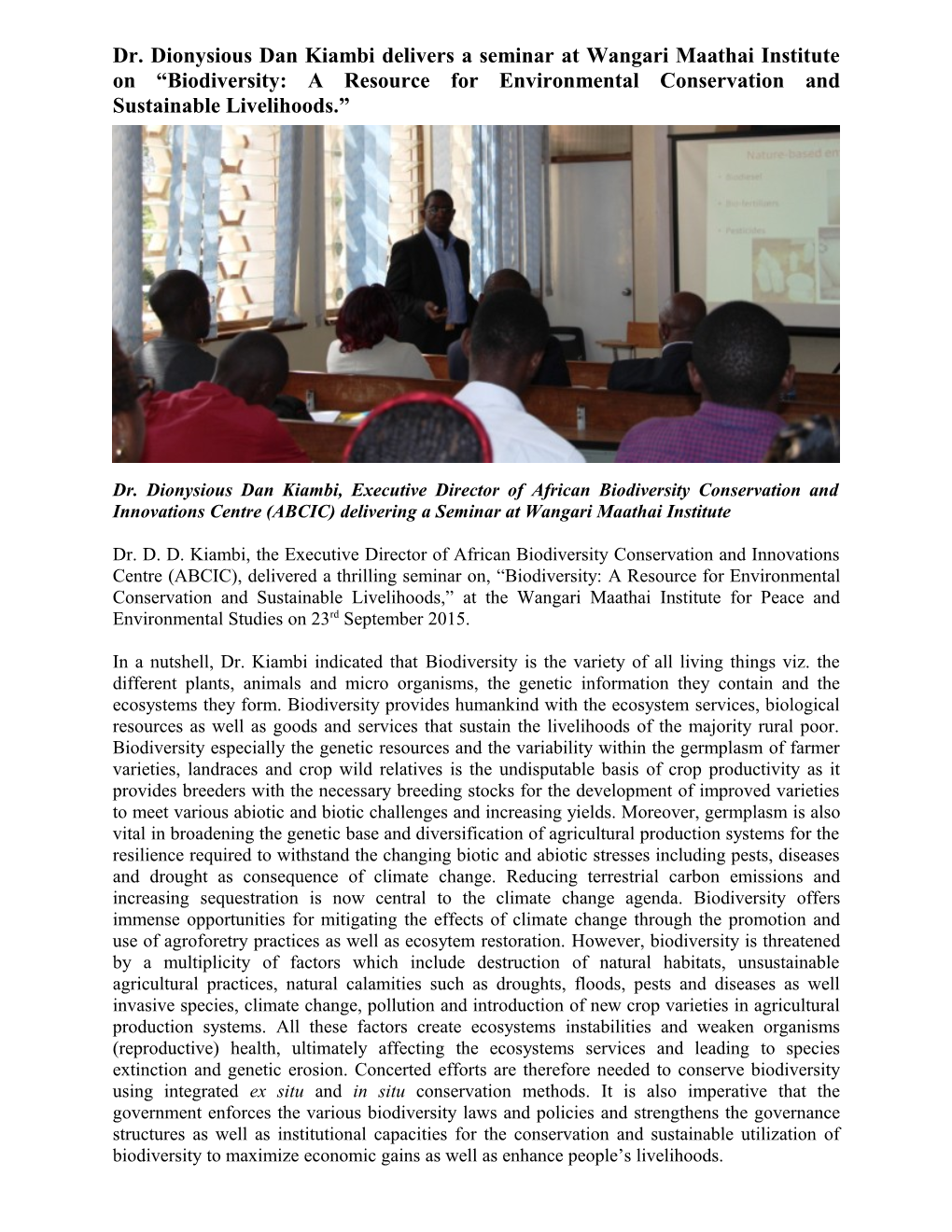 Dr. Dionysious Dan Kiambi Delivers a Seminar at Wangarimaathai Institute on Biodiversity