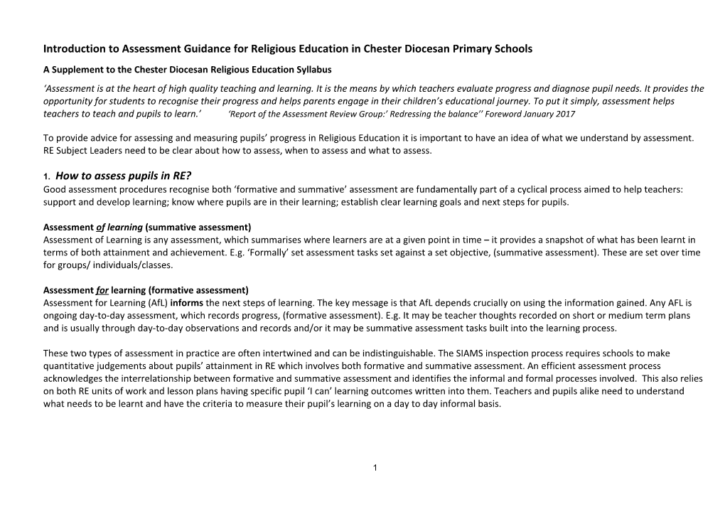 Introduction to Assessmentguidance for Religious Education in Chester Diocesan Primary Schools