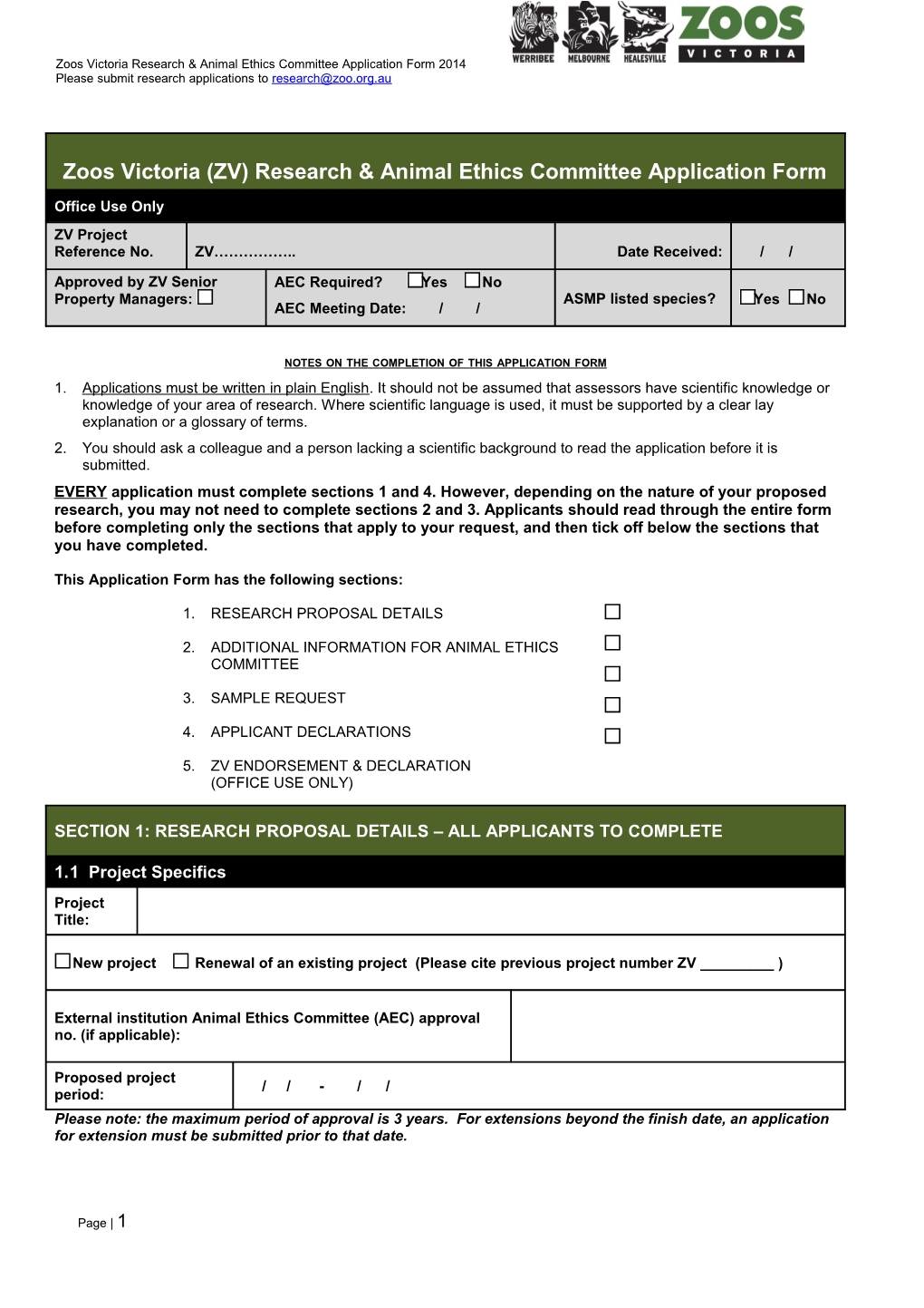 Zoos Victoria Research & Animal Ethics Committee Application Form