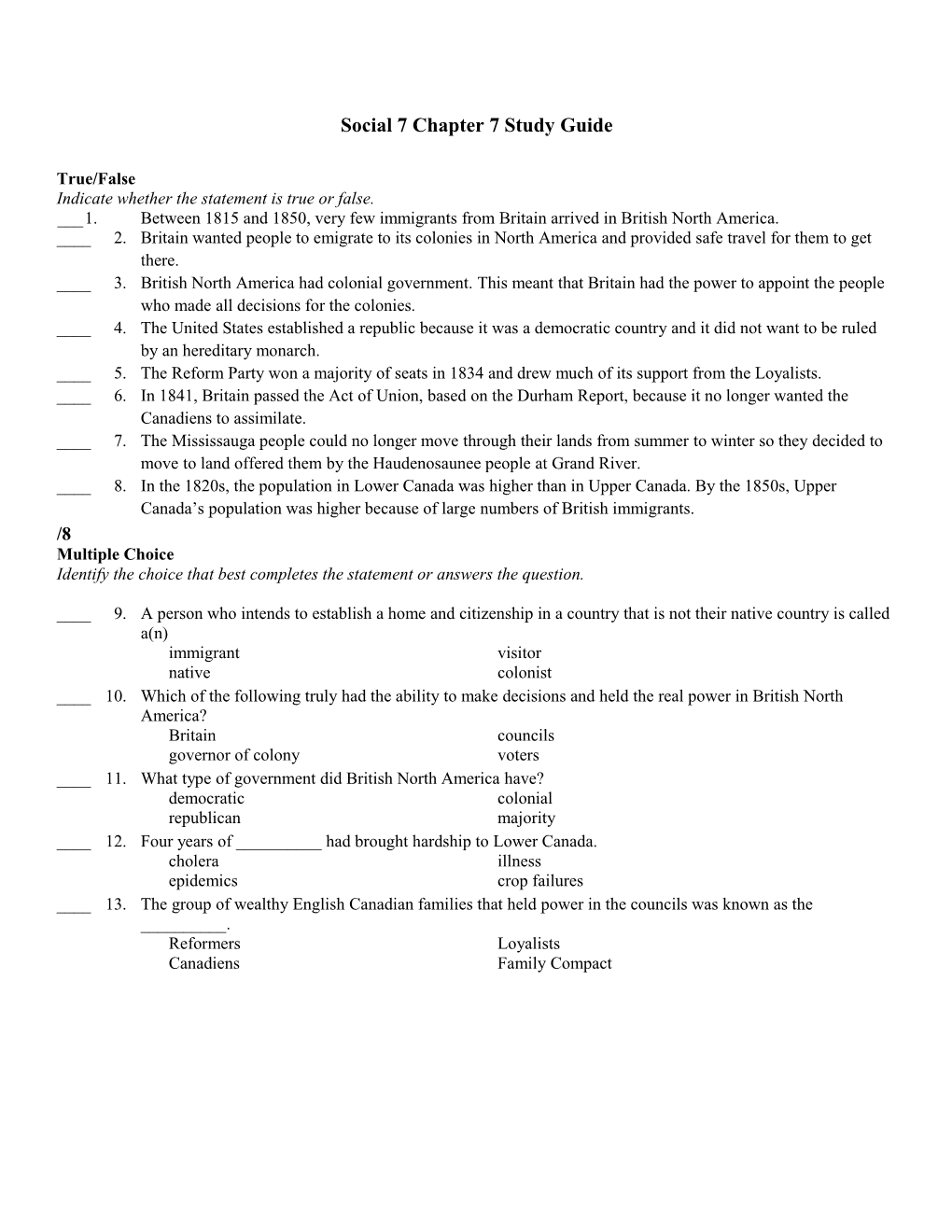Social 7 Chapter 7 Study Guide