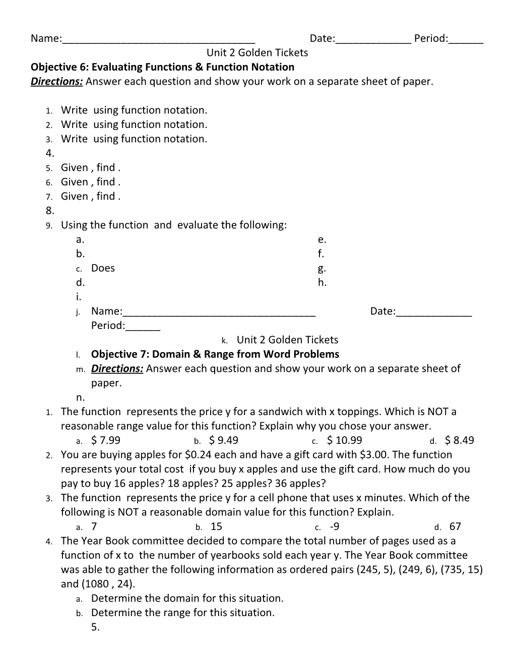 Objective 6: Evaluating Functions & Function Notation